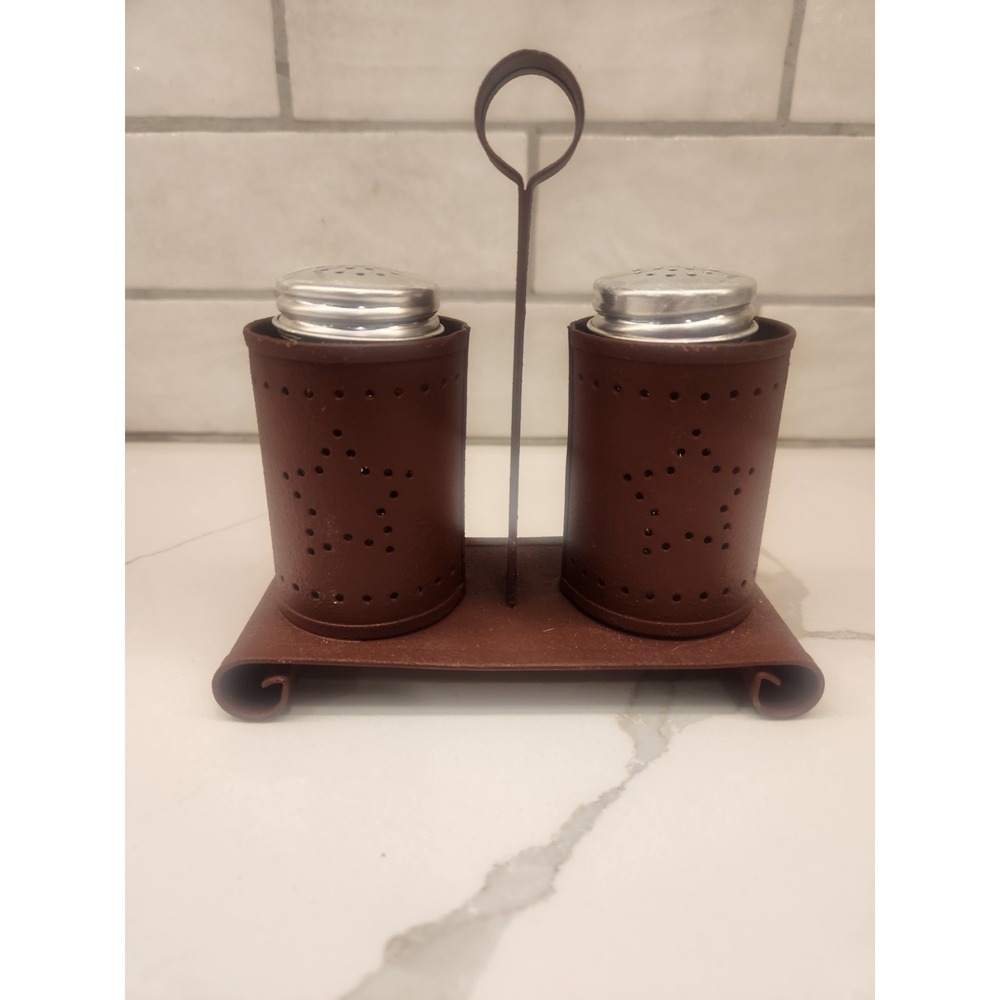 Primitive Rustic Star Farmhouse Salt and Pepper Shaker Holder Set Punched Tin